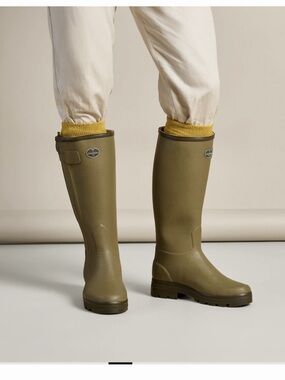 Le Chameau Men's Chasseur leather lined  tall rubber boots, olive green